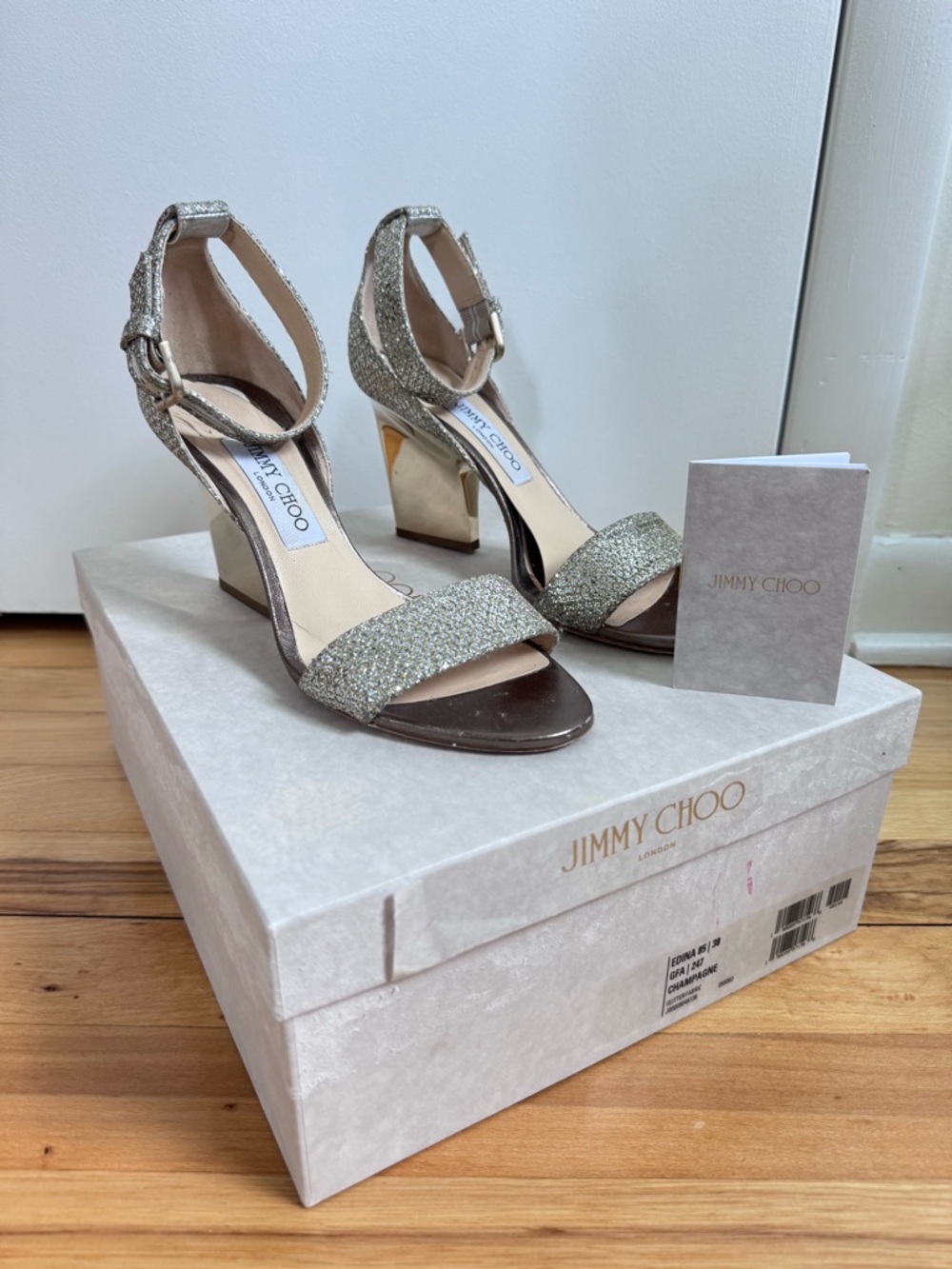 Jimmy Choo Edina 85 mm champagne Metallic Gold Glitter Ankle-Strap Block Heels - Picture 3 of 12